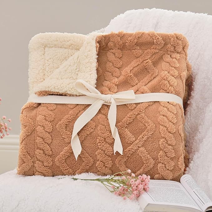 Bedsure Sherpa Fleece Blanket Twin Size for Bed - GentleSoft Fluffy & Cozy Cable Jacquard Tufted for Women Gift, Thick and Warm Blankets for Winter, Light Brown, 60x80 Inches