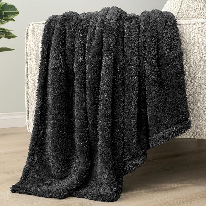 PAVILIA Sherpa Throw Blanket for Couch Sofa, Black Fluffy Warm Plush Blanket for Twin Bed, Cozy Super Soft Lightweight Throw, Fuzzy Decorative Blanket, All Season Home, 60x80