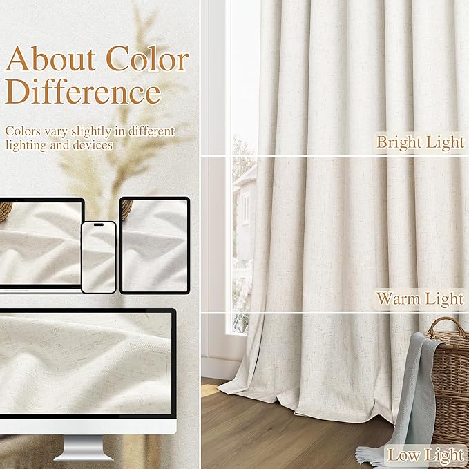 Guken Cream 100% Blackout Linen Curtains 72 Inch Length 2 Panels Set for Living Room Bedroom Back Tab Thermal Insulated Black Out Drapes Room Darkening Farmhosue Window Curtains,52x72