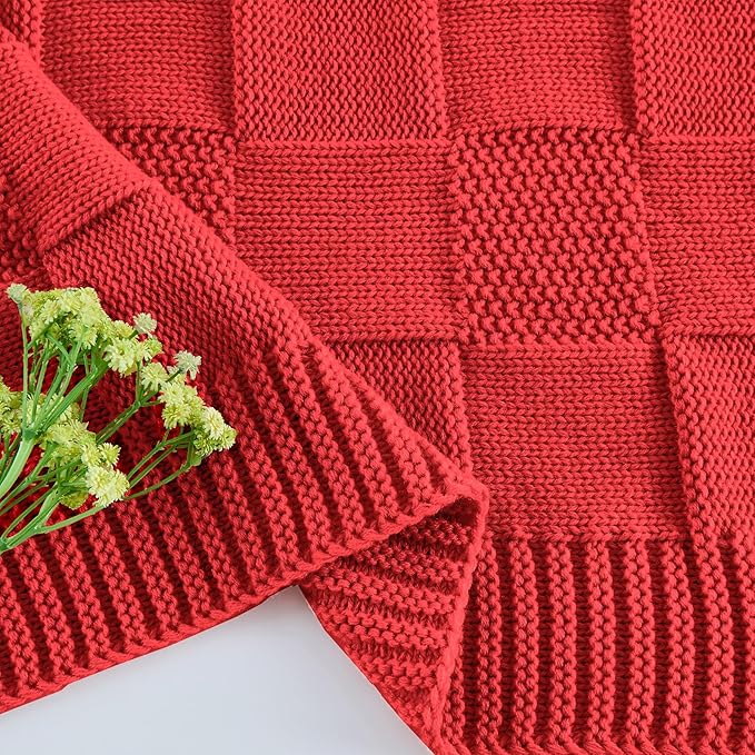 CozeCube Check Knit Throw Blanket, Christmas Red Checkered Bedroom Blanket for Couch, Soft Cozy Warm Knitted Blanket for Bed Sofa Living Room, Decorative Spring Fall Throw Blanket, 60"X80"