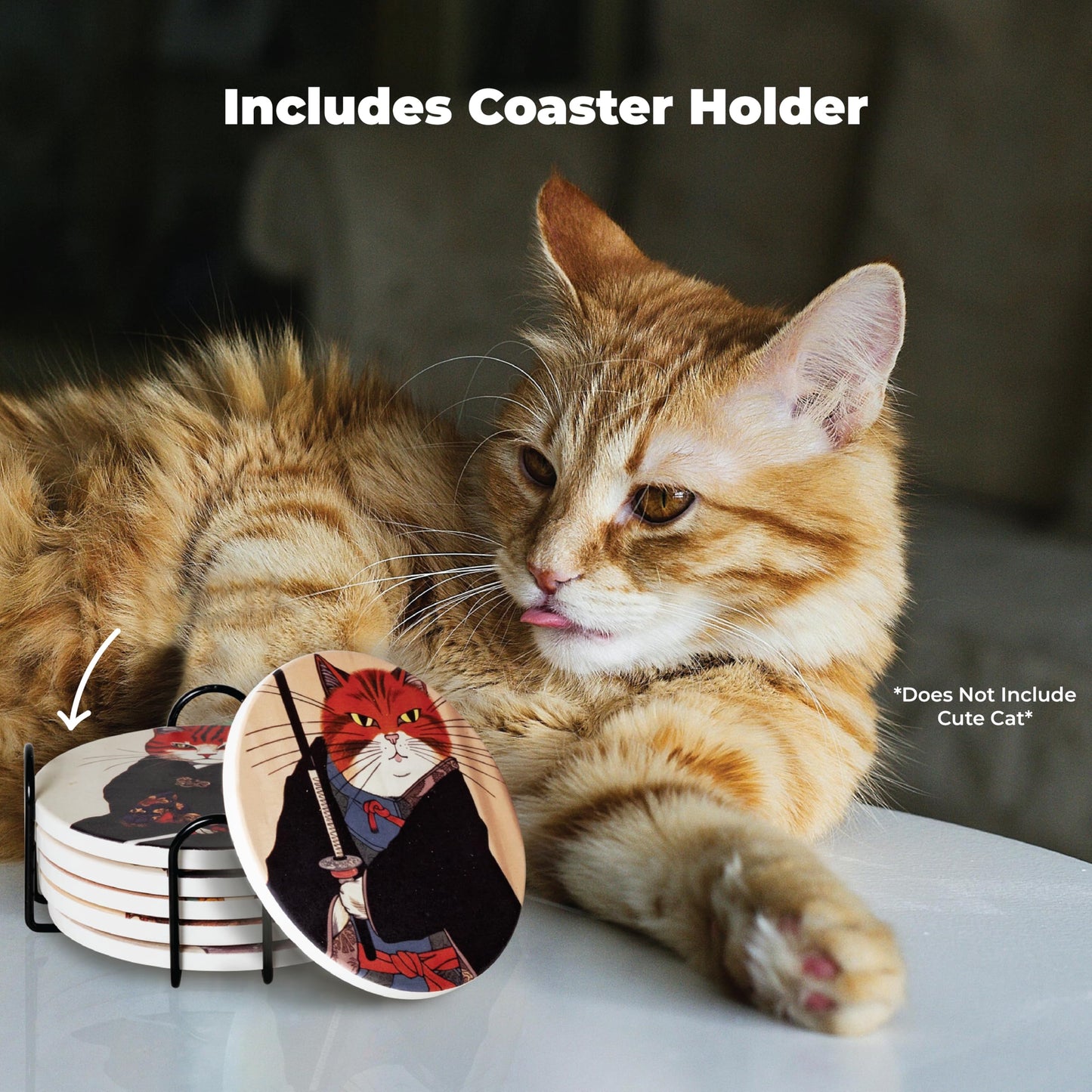 Gifts for Cat Lovers - Ninja Cat Coasters - Anime Cat Decor - Set of 6 Drink Coasters with Holder