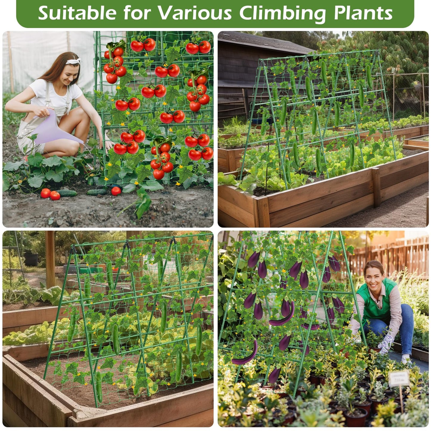 Cucumber Trellis for Raised Beds, 45 x 53 Inch Adjustable Size A-Frame Garden Trellis for Climbing Plant Outdoors with Climbing Net and Plant Support Clip for Vegetable Grape Tomato Bean Pea