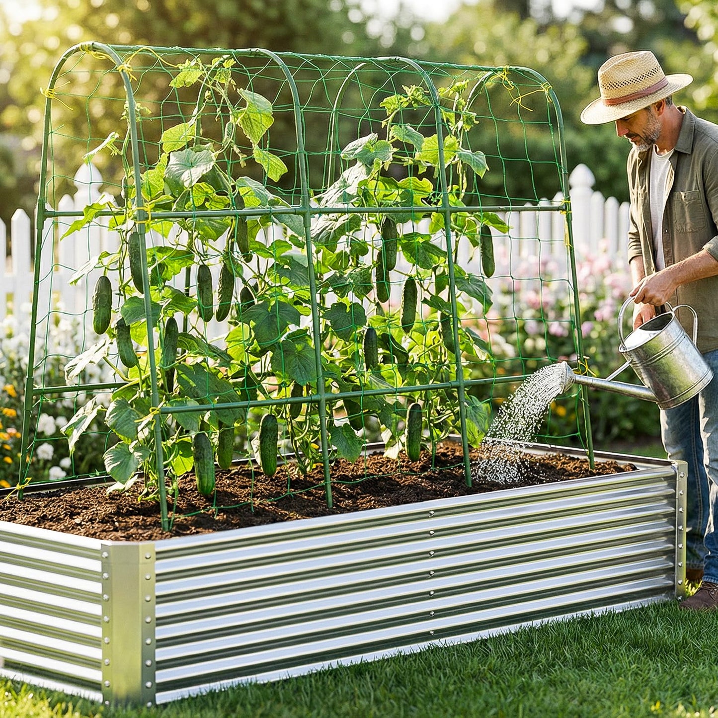 Tegarbed Cucumber Trellis for Climbing Plants Outdoors, U-Shape Garden Trellis for Raised Bed with Netting, Plant Support Structures for Vegetables, Grape, Bean, Tomato, Vines, 48 * 46 inch, Green