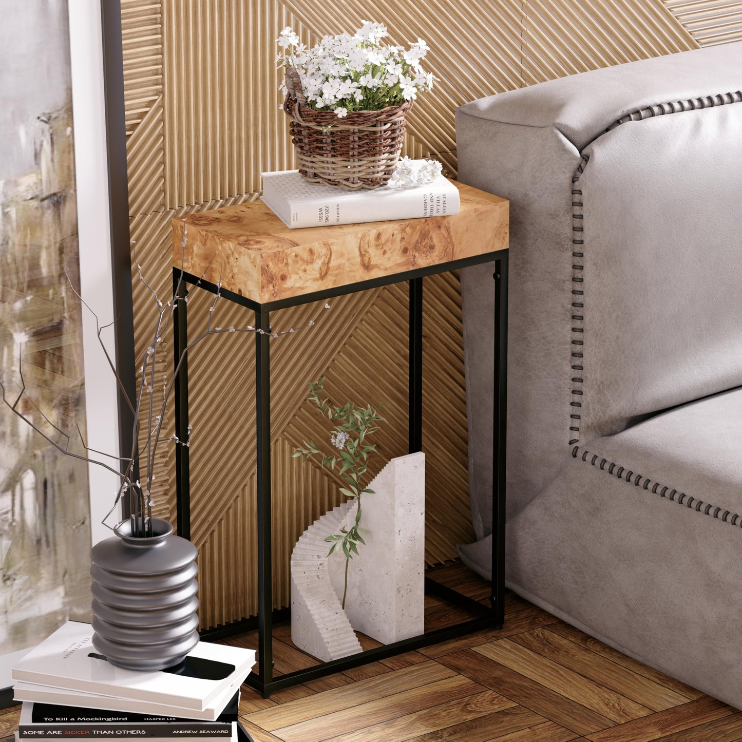 COZAYH Burl Finish Wood Top Tall End Table, Metal Frame Pedestal Display Stand Side Table for Plants, Lamps, or Home Décor, Living Room, Entryway, Office, Rectangular