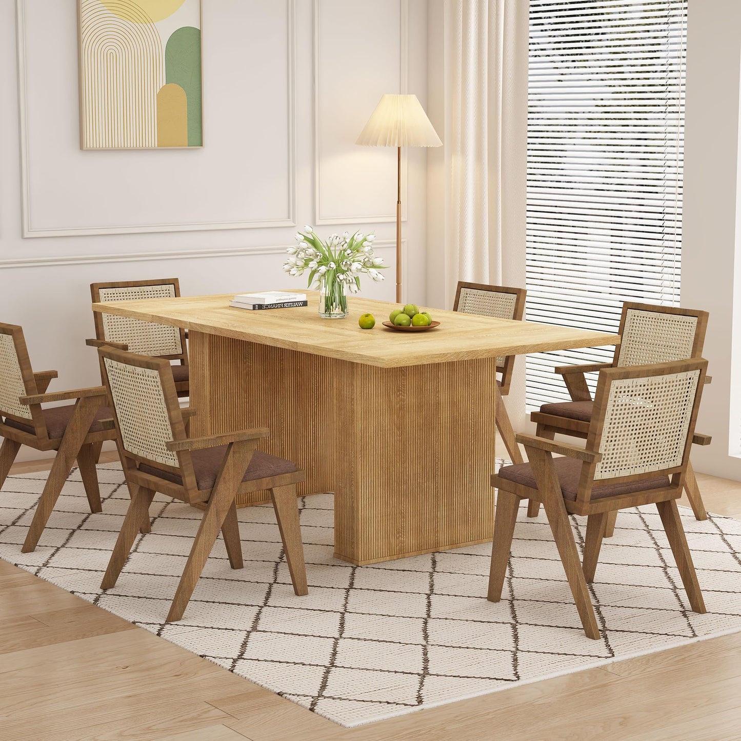 78 Inch Rectangular Dining Table for 6 to 10, Farmhouse Fluted Dining Kitchen Table, Modern Wood Long Dining Table for Kitchen Living Room, Natural