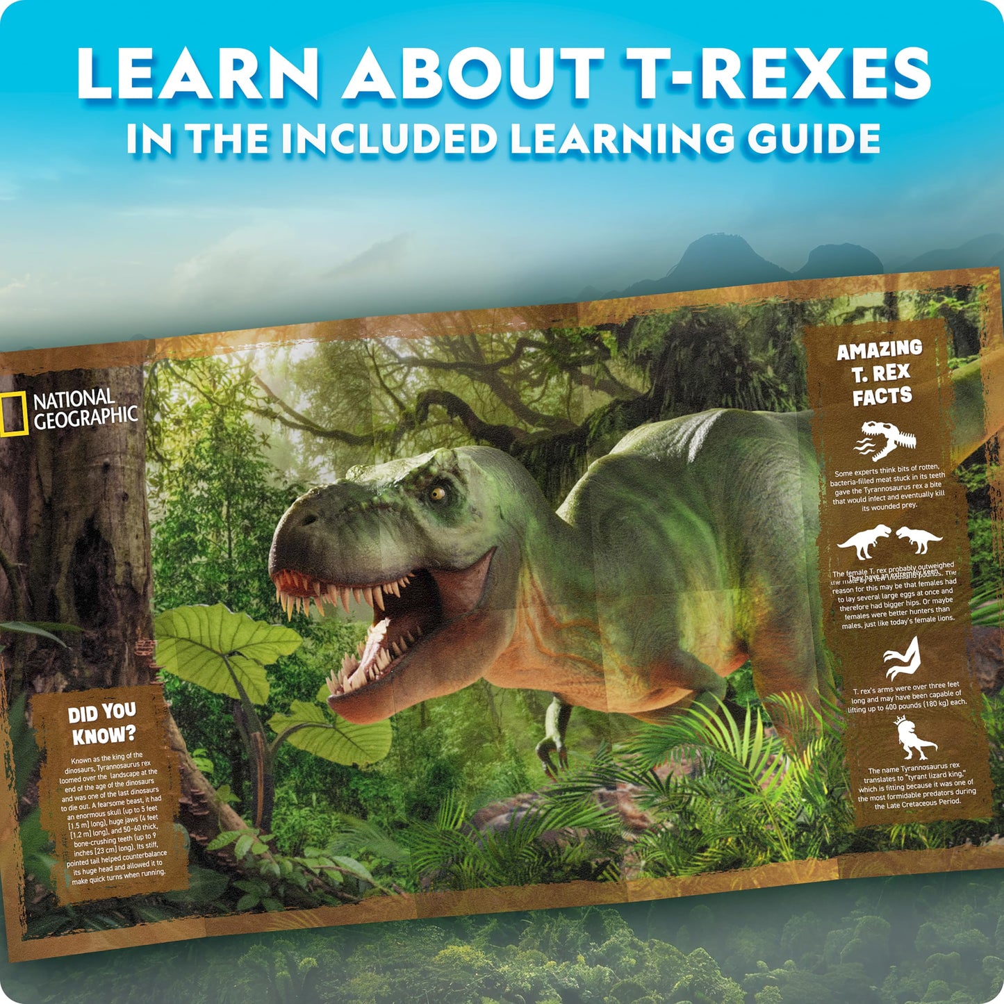 National Geographic Motorized Dinosaur 3D Puzzle - 50-Piece 3D T. Rex Wood Model Kit with Light-Up Motorized Display Base and 8 Light Settings, 3D Puzzles for Kids, Buildable Dinosaur Model