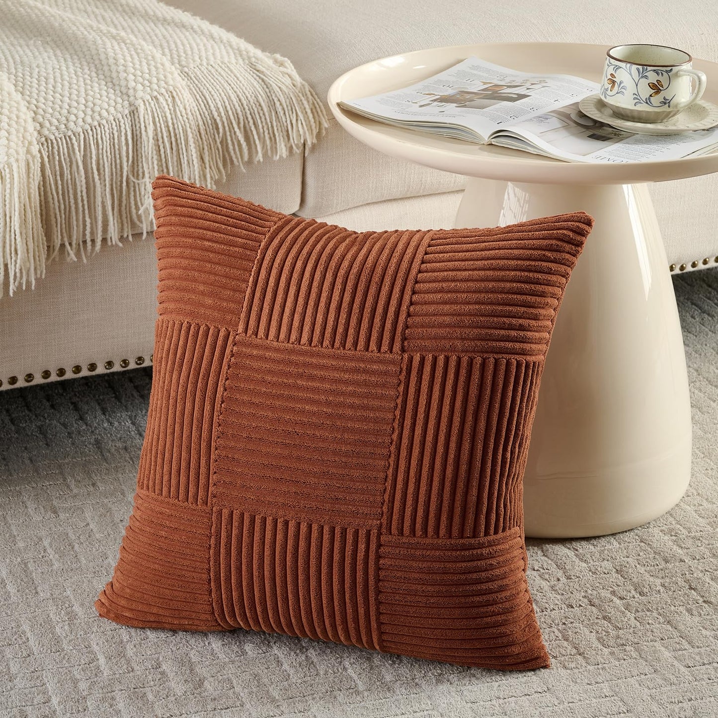 Fancy Homi Set of 2 Rust Boho Decorative Throw Pillow Covers 20x20 Inch for Living Room Bedroom Couch Bed Sofa, Modern Farmhouse Home Decor, Soft Striped Patchwork Plaid Corduroy Accent Cushion Case