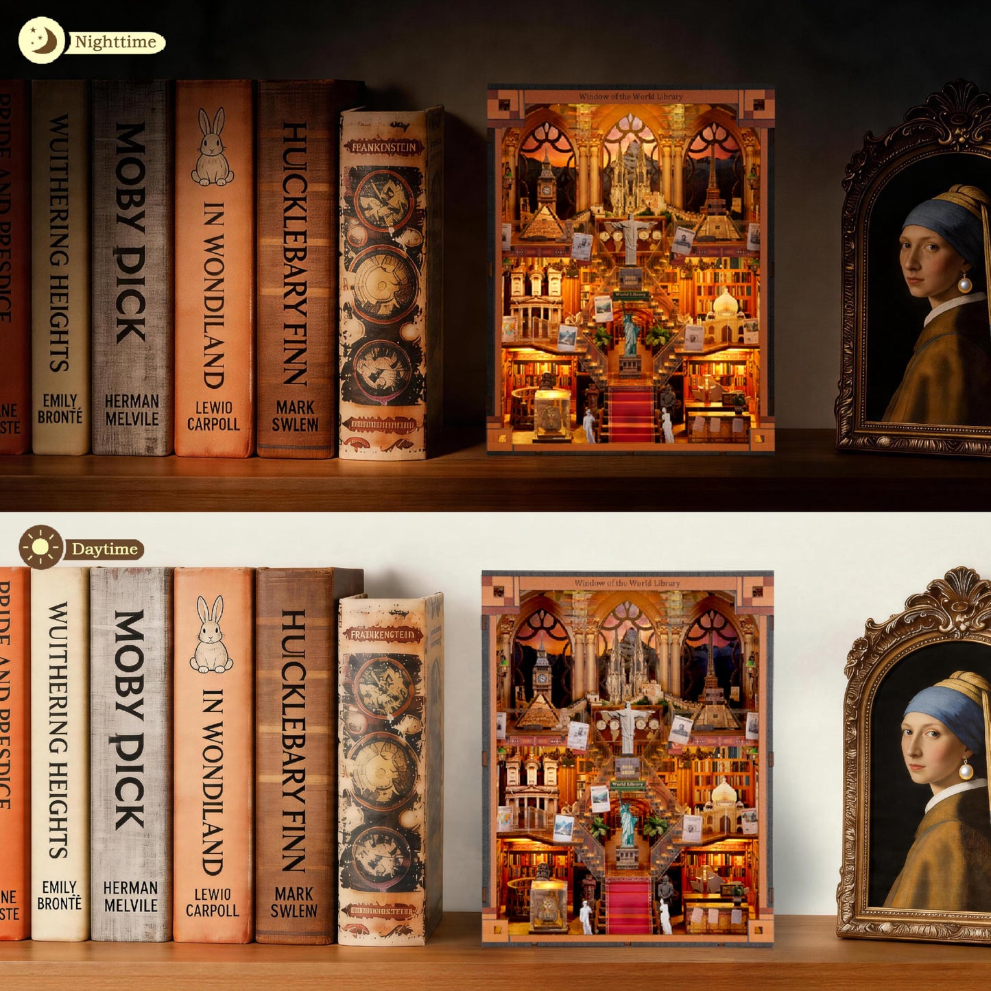 Book Nook Kit - DIY Miniature World Library Booknook - 3D Wooden Puzzle with LED Lights - Creative Bookshelf Insert & Educational Gift for Adults
