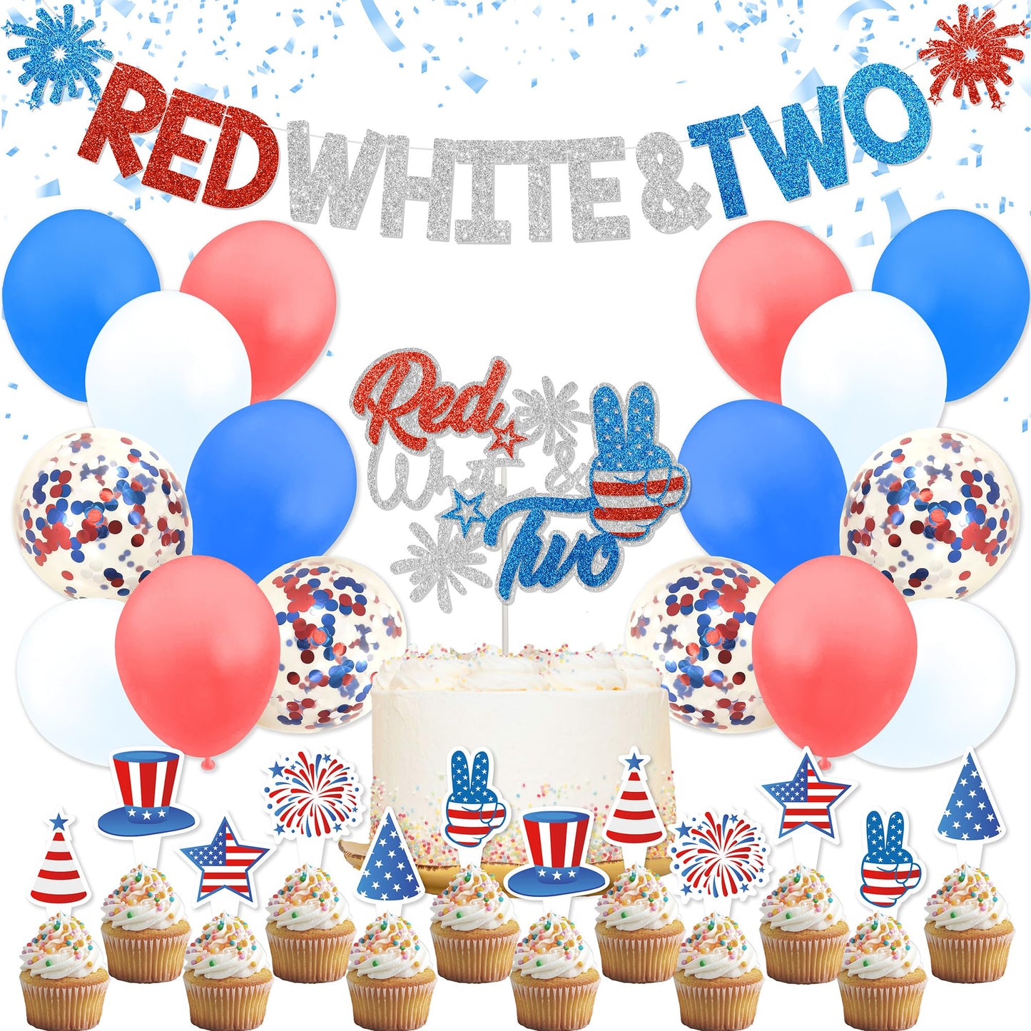 Red White & Two Birthday Decorations - 4th of July 2nd Birthday Decorations for Kids With Banner Cake Topper Cupcake Toppers Balloons