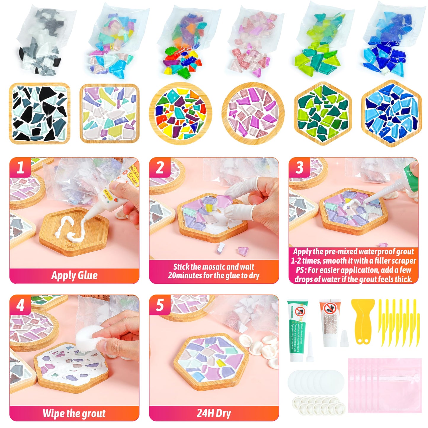 ZAIONE Coaster Crafts Kit for Adults: 6 Sets DIY Mosaic Tiles Coasters with Grout Filler for Mother's Day Drinks Bottle Coffee Mug Home Decor