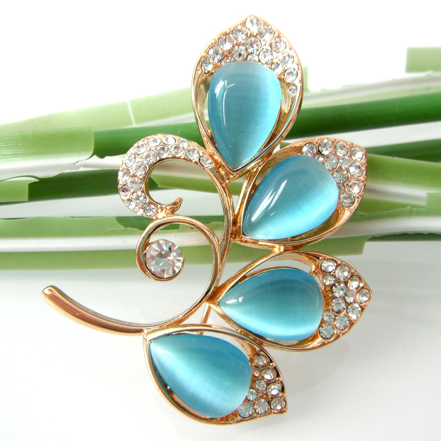 Navachi 18k Gold Plated Blue Opal Crystal Branches Leaves Az7856b Brooch Pin