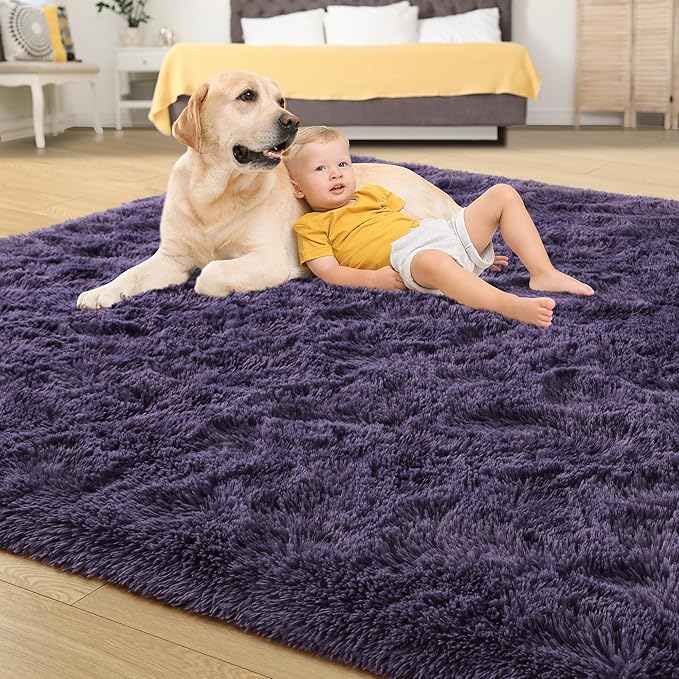 Tepook Super Soft Fluffy Rug for Bedroom, Modern Shaggy Fuzzy Kids Rugs for Living Room, Plush Indoor Nursery Home Decor Dorm Carpet with Non-Slip Bottom, Gray Purple, 4 X 6 Feet