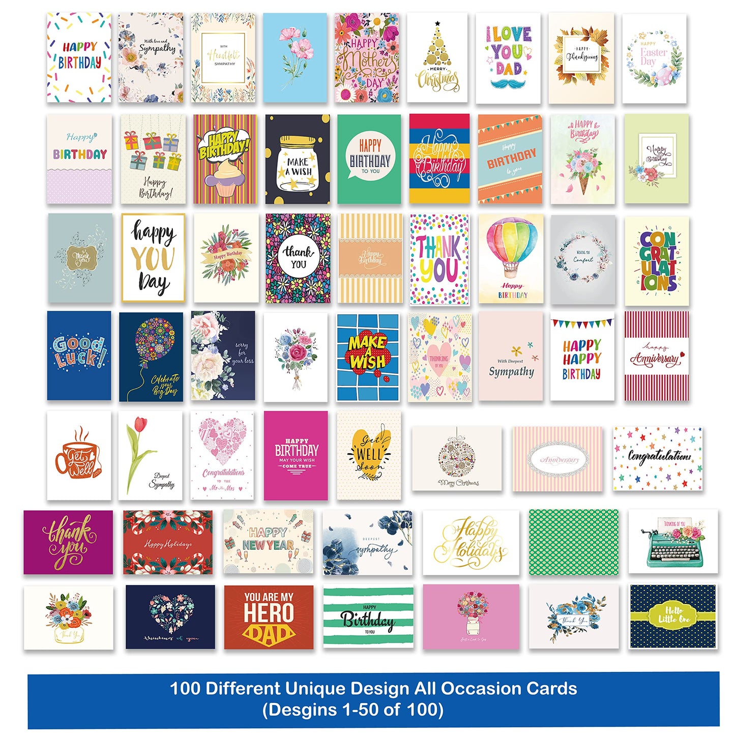 Janvale 100 All Occasion Cards Assortment Box with Color Envelopes，All Occasion Cards Set with Greeting Inside, Large 5 x 7 inch Cards with Stickers and Dividers