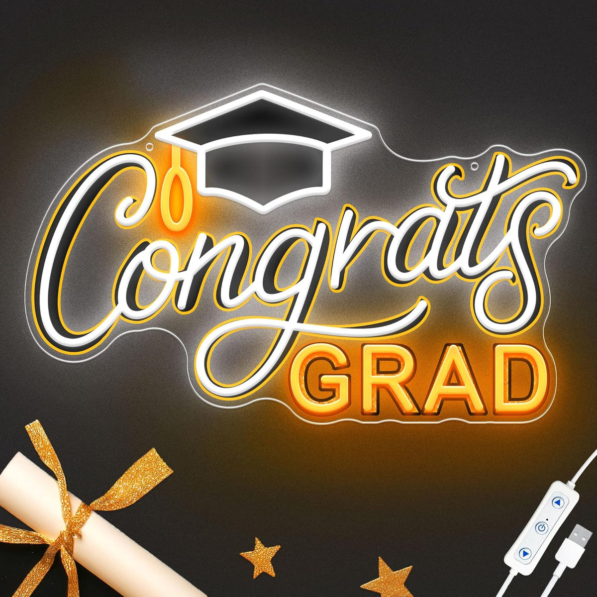 SELICOR Congrats Graduation Neon Sign with Cap - 15" x 8", Adjustable LED Light Up Sign for Prom Party, Photos, Class of 2025 Celebrations, Graduation Gift for Dorm Backdrop Room Decor