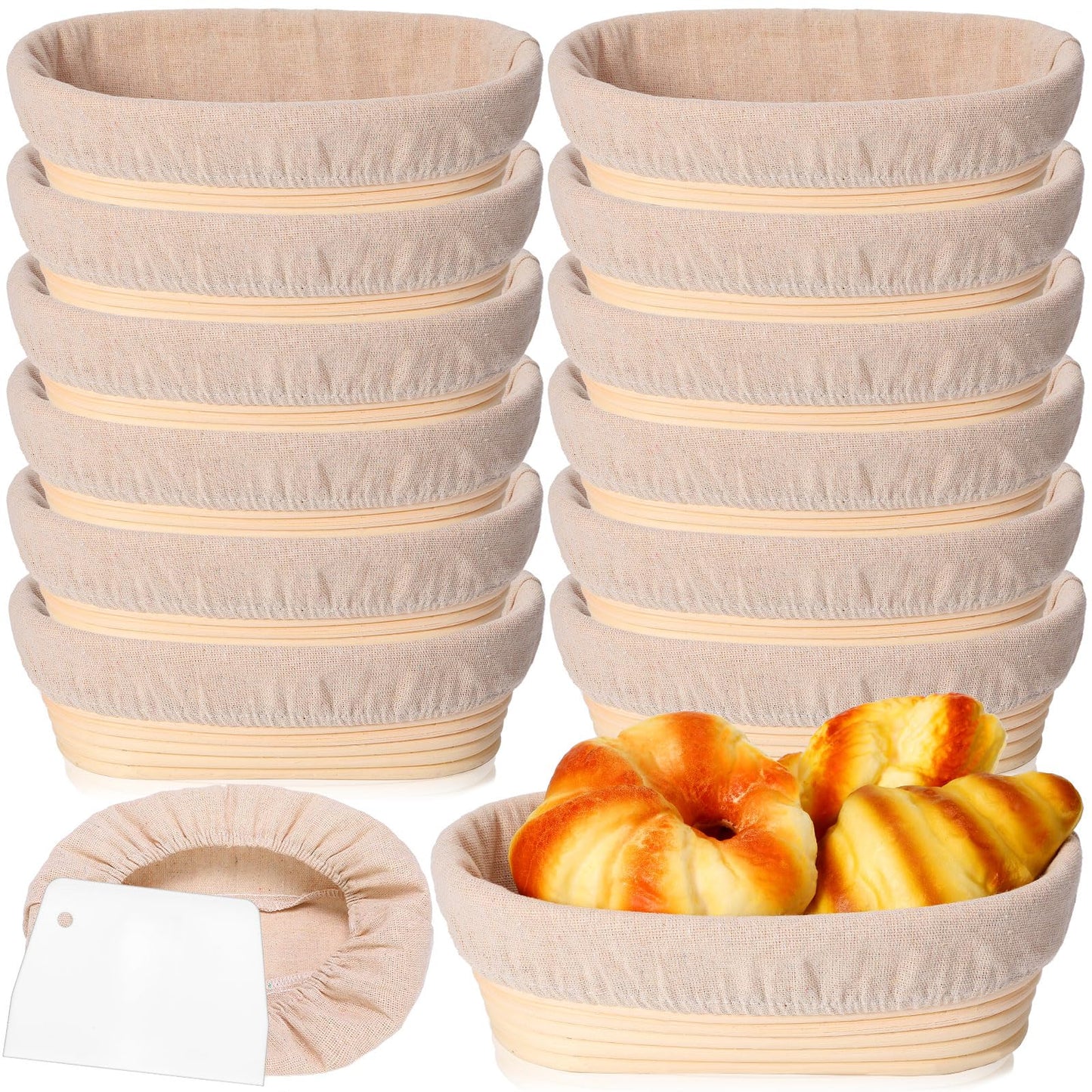 Gejoy 12 Set Bread Proofing Baskets Oval Shaped Banneton Dough Proofing Bowls Kit with Cloth Liner and Plastic Scraper Sourdough Proofing Basket for Home Sourdough Bakers Supplies (10 Inch)