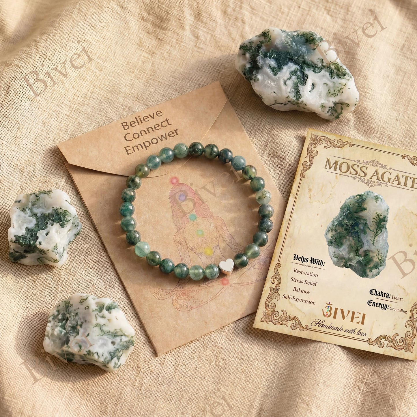 Bivei 6mm Moss Agate Crystal Stretch Bracelets for Women, Handmade Natural Stone Beaded Bracelet, Yoga Protection Jewelry Gift