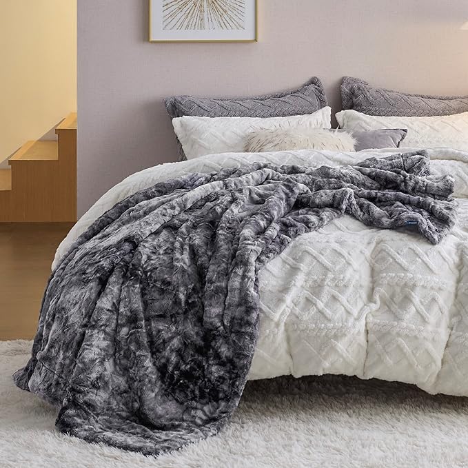 Bedsure Sherpa Blanket Twin Size - Soft, Fuzzy & Fluffy Faux Fur - Warm, Cozy Blanket for Couch, Sofa and Bed, Tie Dye Design, Grey, 60x80 Inches