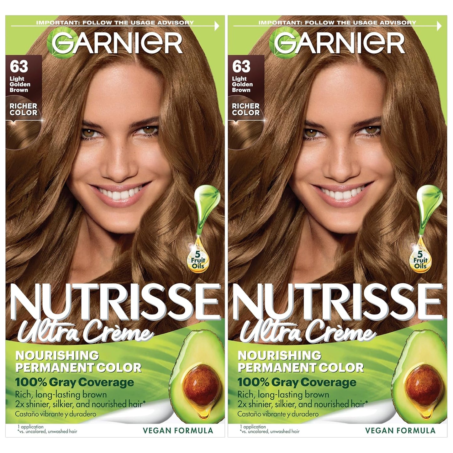 Garnier Hair Color Nutrisse Nourishing Creme, 63 Light Golden Brown (Brown Sugar) Permanent Hair Dye, 2 Count (Packaging May Vary)