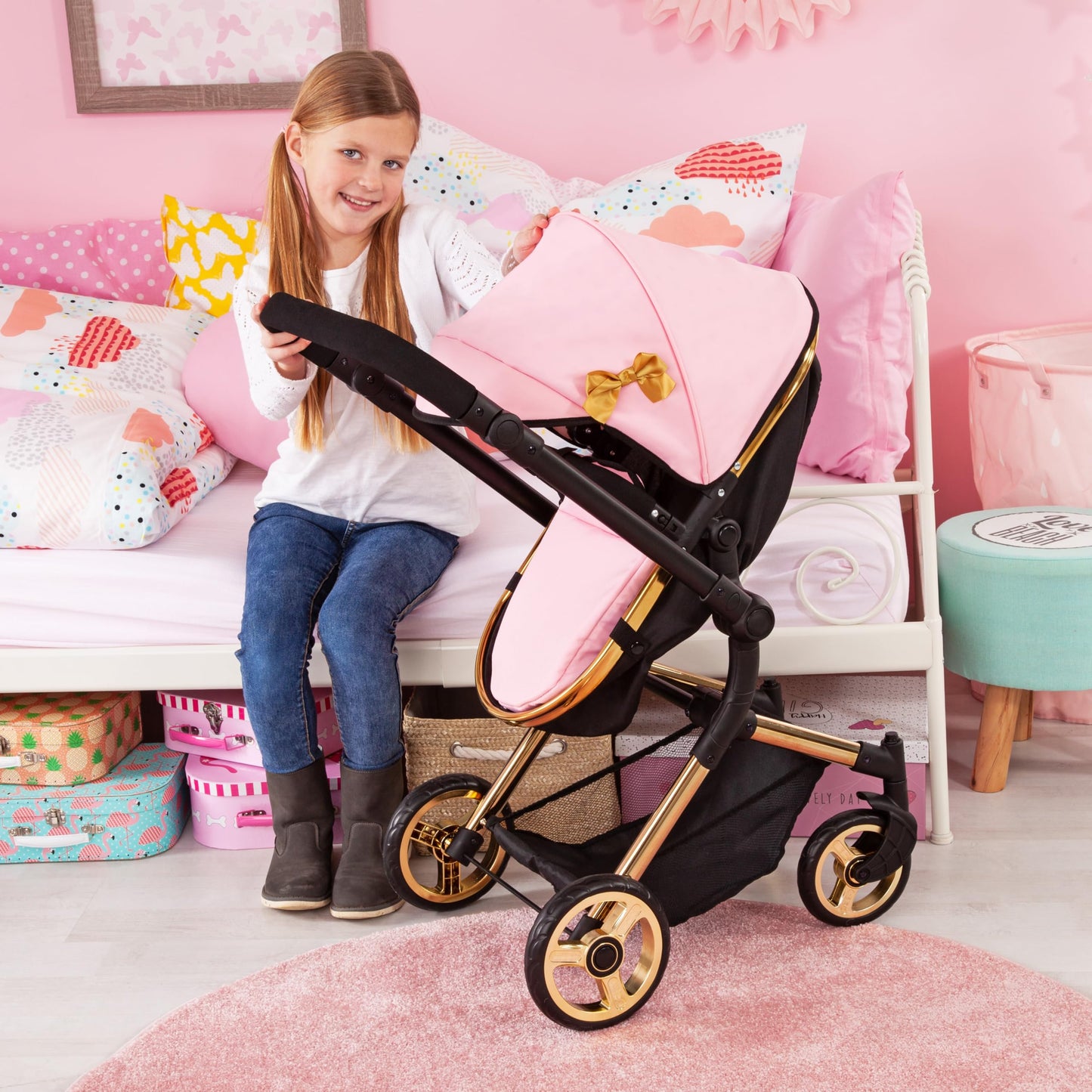 Bayer Pram Neo Vario Convertible Doll Stroller, Pink Black Gold, Foldable Toy with Shoulder Bag, Ages 3+
