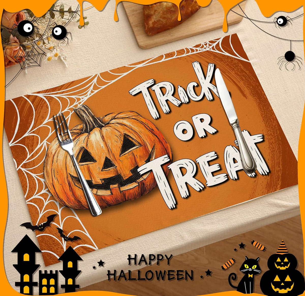 Halloween Pumpkin Placemats Set of 4, 12x18 Inch Trick Or Treat Table Mat, Washable Heat Resistant Place Mats for Kitchen Dining Table, Halloween Themed Decoration for Home-B06