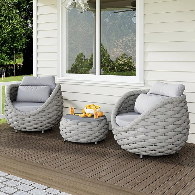 Front Porch Furniture Set: 3 Pieces Aluminum Patio Conversation Sofa Set for 2 - All Weather Woven Rope Outdoor Armchair Set w/Cushions No Assembly for Bistro Pool Yard Balcony Deck Hotel, Gray