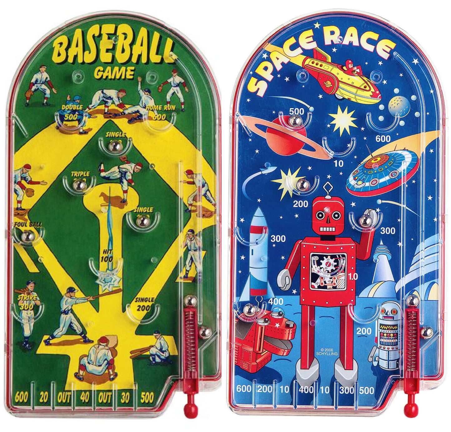 Schylling Classic 10" Pinball Games Space Race & Home Run! Baseball Gift Set Bundle - 2 Pack