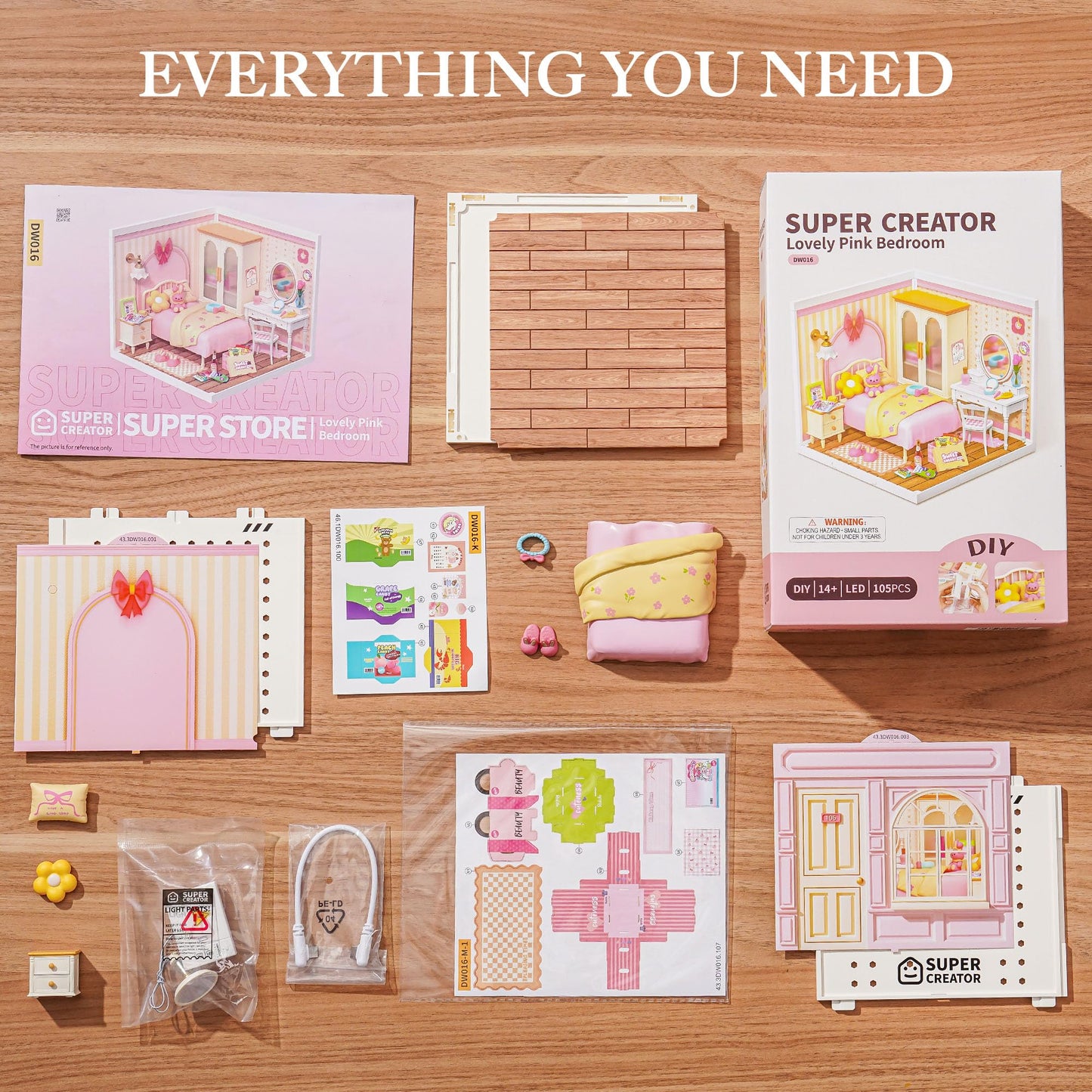 ROBOTIME Super Creator Kits, DIY Miniature House Kit with LED, Plastic Mini House, Toy Building Set, Mini Figures Construction for Teens &Adults, Craft for Home Decor Unique Gift (Lovely Pink Bedroom)