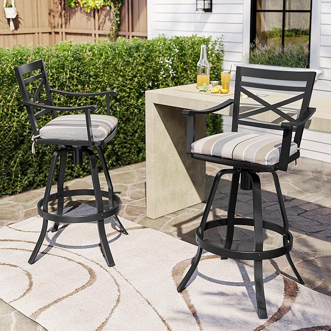 Pellebant 6 Pack Sunbrella Outdoor Bar Stools 30", Aluminum Swivel Patio Bar Height Bar Stools with Back & Footrest, for Deck Lawn Garden(Milano Char)