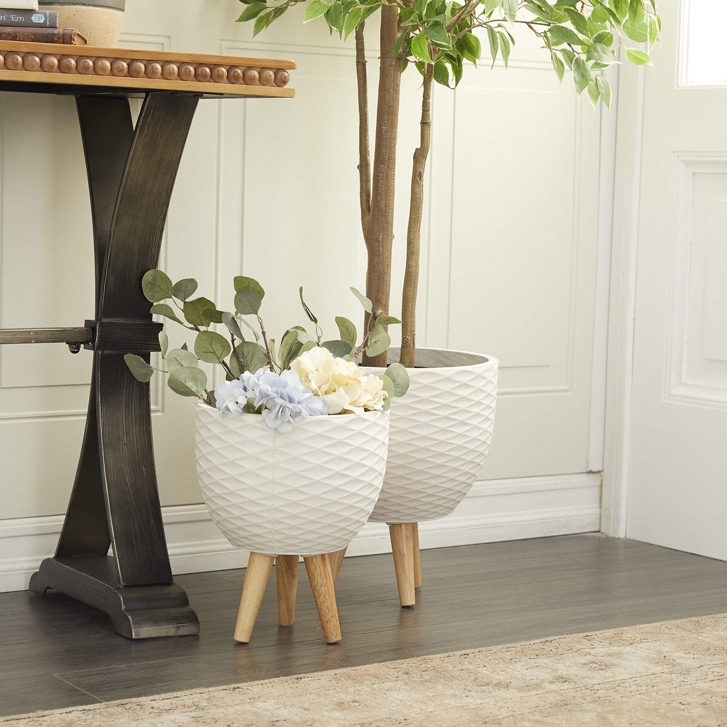 Deco 79 Ceramic Geometric Indoor Outdoor Planter Diamond Patterned Large Planter Pot with Wood Tripod Legs, Set of 2 Planters 16", 14"H, White
