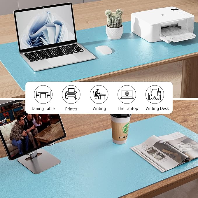 Aothia Large PU Leather Desk Pad Protector – Non-Slip Mouse Pad & Writing Mat for Office/Home, Waterproof, Easy to Clean(36" x 17", Blue Topaz)