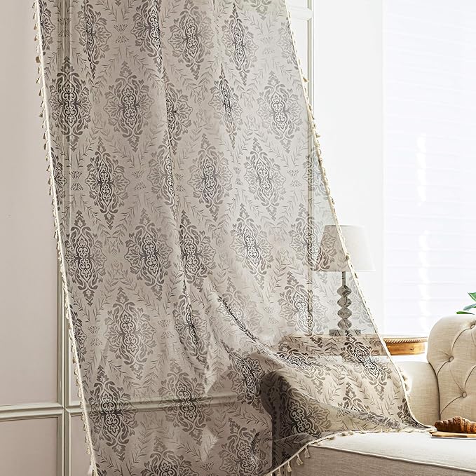 Khaki Geometric Sheer Curtains 102 inch Long, Fringed Edges and Textured Semi Sheer Curtains Large Window Treatments for Living Room/Bedroom, 2 Panels