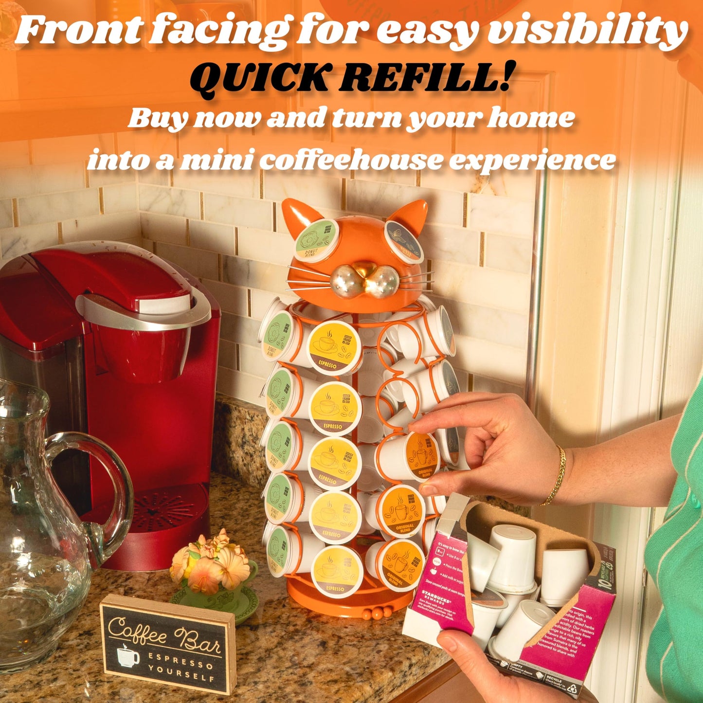 Made Easy Kit Carousel Coffee Pod Holder, Compatible with Keurig K-Pods K-Cups, Countertop Rack Storage Organizer, Metal Home and Kitchen Decor, Capsule Café Station Bar (Large, Orange Cat)