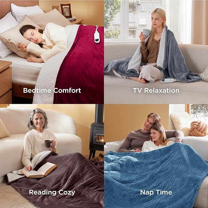 Bedsure Heated Blanket Throw Blanket - Fast Heating Electric Blanket, GentleSoft Flannel Heated Throw with 4 Time Settings, 6 Heating Settings, Warm Gifts for Grandma (50x60 inches, River Blue)