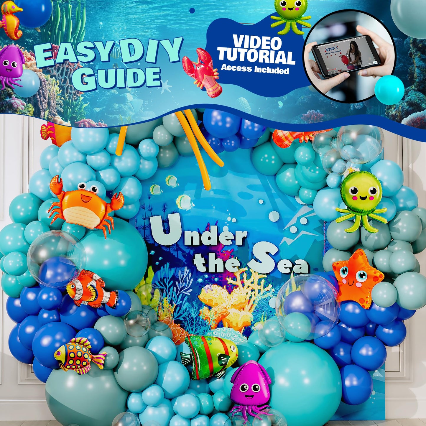 ALL-IN-1 Ocean Balloon Arch Kit with BONUS Under the Sea Animals (9x) - Under the Sea Balloon Arch Kit for Ocean Themed Party Decorations, Nemo Birthday Decorations, Under the Sea Decorations