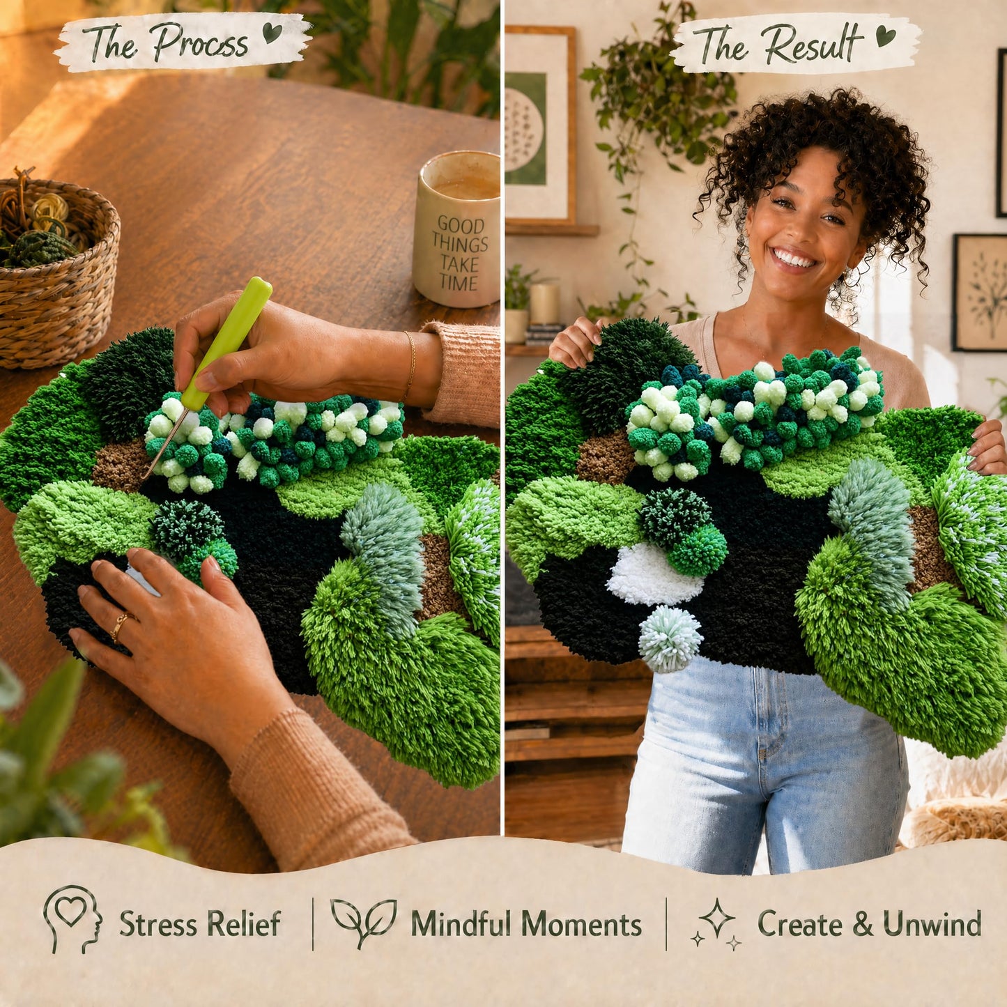 beausougon DIY 3D Moss Rug Latch Hook Kit, Forest Greenery Carpet Making with Color Printed Canvas, Multi-Texture Yarn & Tools, Handmade Tufting Embroidery Art for Beginners & Adults