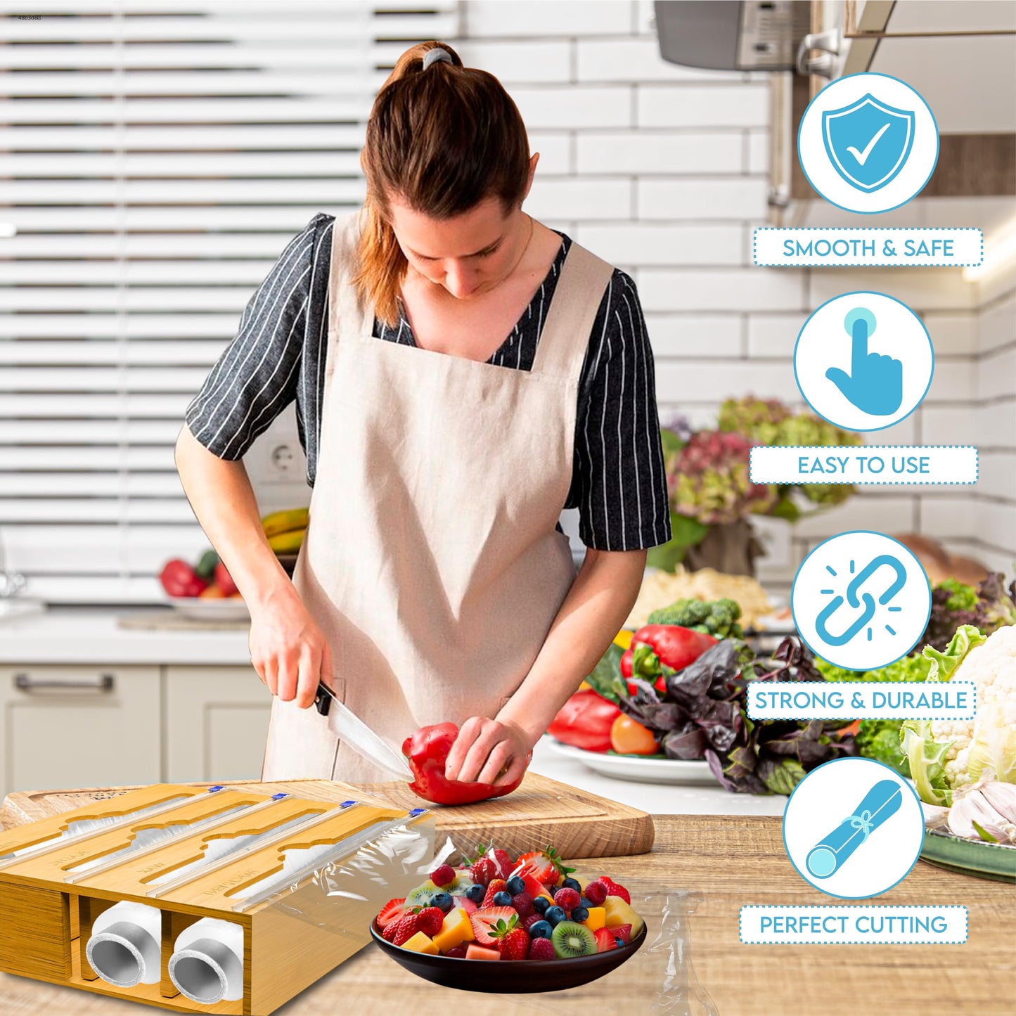 Bamboo Aluminum Foil Organizer & Plastic Wrap Dispenser with Cutter - 4 in 1 Parchment, Wax Paper & Saran Wrap Holder - Tin Foil Food Wrap Organizer for Kitchen Drawer, Countertop & Pantry - 11" Rolls