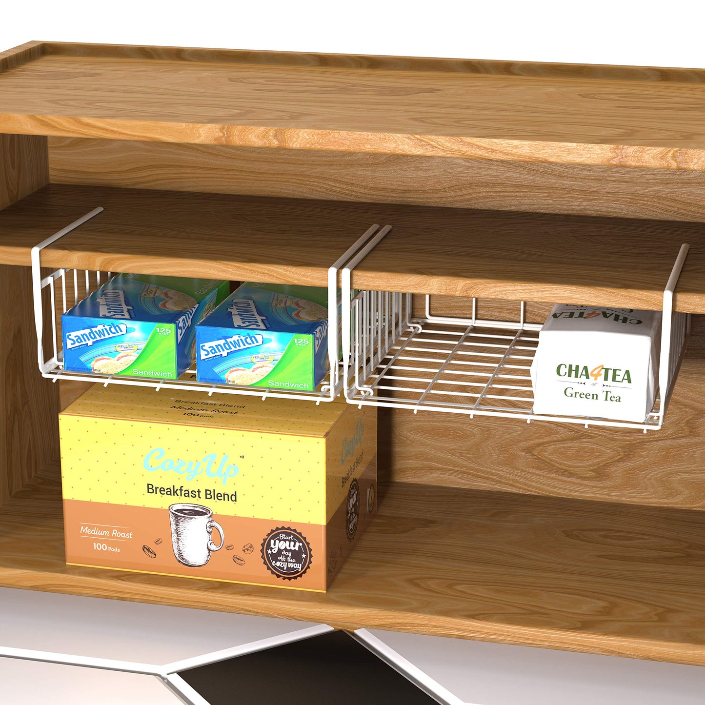 Simple Houseware Under Shelf Basket, White – 2-Pack Space-Saving Storage Organizer for Kitchen, Pantry, Closet, Office – Wire Metal Shelf Organizer, No Tools Required