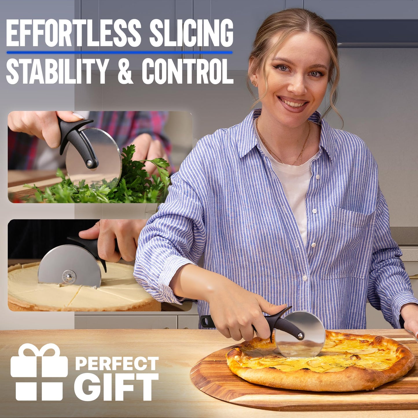 KitchenStar Pizza Cutter Wheel - 304 Stainless Steel Slicer Knife with Super Sharp Blade, Anti-Wobble Axle Mechanism, Ergonomic Non-Slip Handle & Protective Cover, Dishwasher Safe
