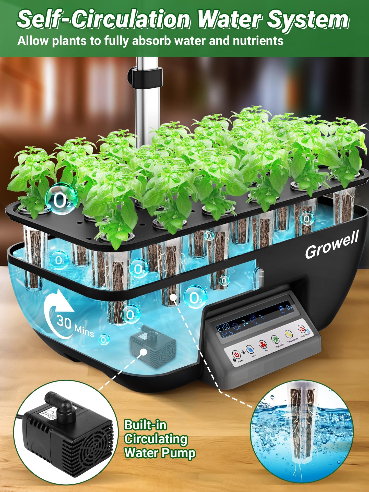 Growell Hydroponics Growing System Kit, 17 Pods Herb Garden with 102 28W Full-Spectrum Grow Lights & 2 Fans, Indoor Garden with Water Pump, 10L Water Tank, Auto Timer, Height Adjustable (Black & Grey)
