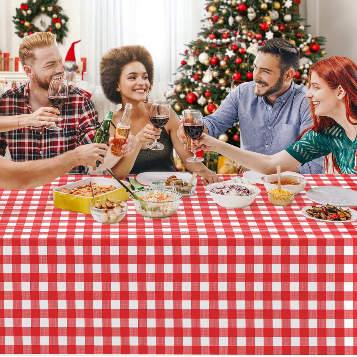 Childom 3 Pack Red and White Checkered Tablecloths 54"x108" Christmas Tablecloths for Rectangle,Disposable Plastic Table Cover for Weddings,Home,Birthday,Picnic,Buffet,Pizza Party,Racing Car Decors