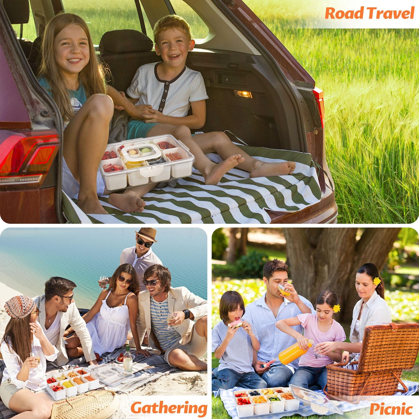 2 Pack Snackle Box Container - Dishwasher Safety Divided, Serving Tray with Lid and Handle - Charcuterie Board for Portable Snack Platters - Clear Organizer for Fruits Snacks,Perfect for Road Travel