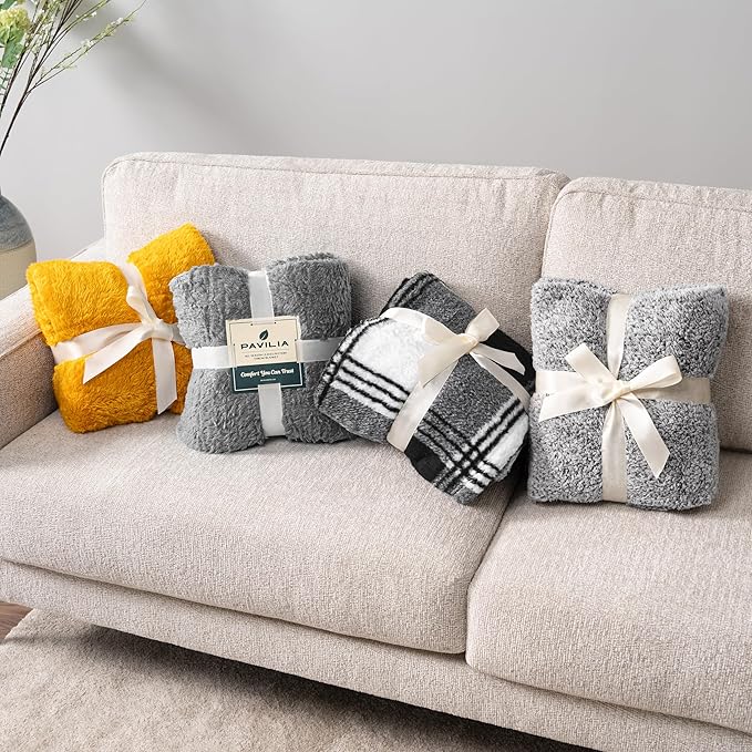 PAVILIA Sherpa Throw Blanket for Couch Sofa, Grey Fluffy Warm Plush Blanket for Bed, Cozy Super Soft Lightweight Throw, Fuzzy Decorative Blanket, All Season Home, 50x60