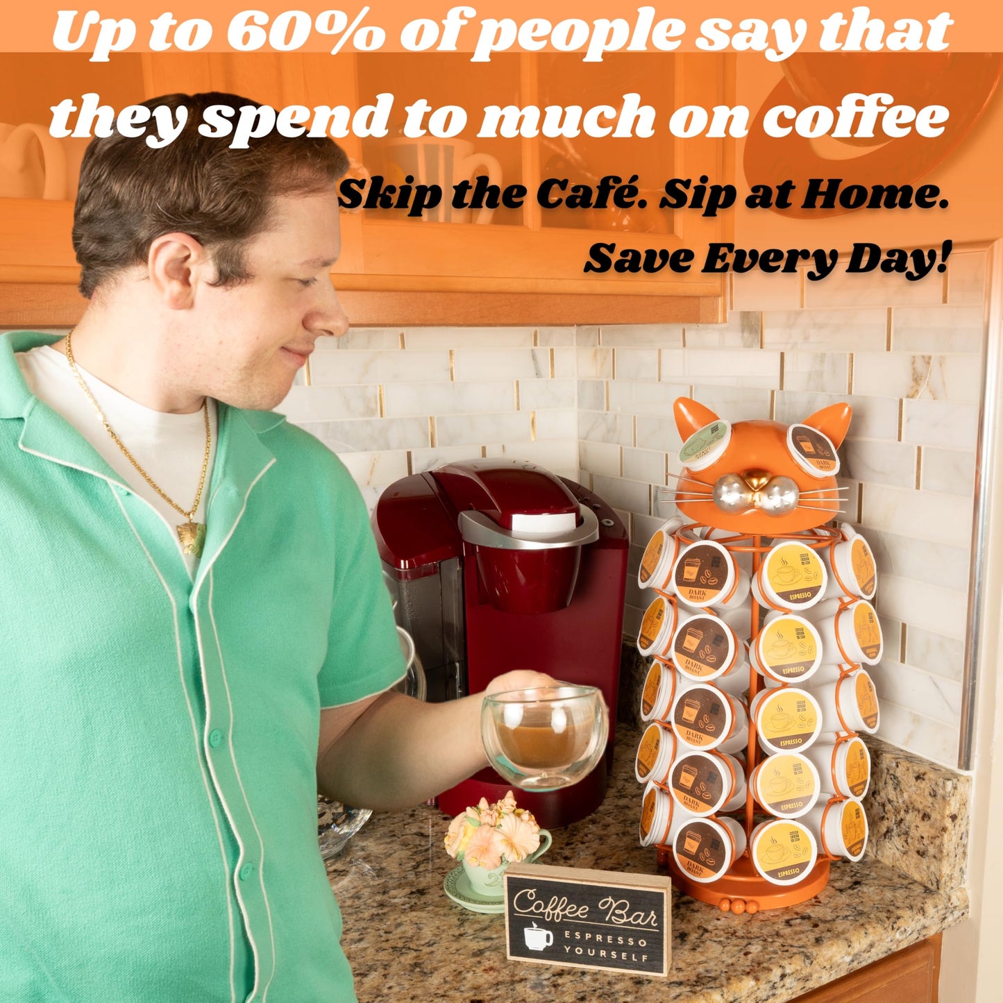 Made Easy Kit Carousel Coffee Pod Holder, Compatible with Keurig K-Pods K-Cups, Countertop Rack Storage Organizer, Metal Home and Kitchen Decor, Capsule Café Station Bar (Large, Orange Cat)