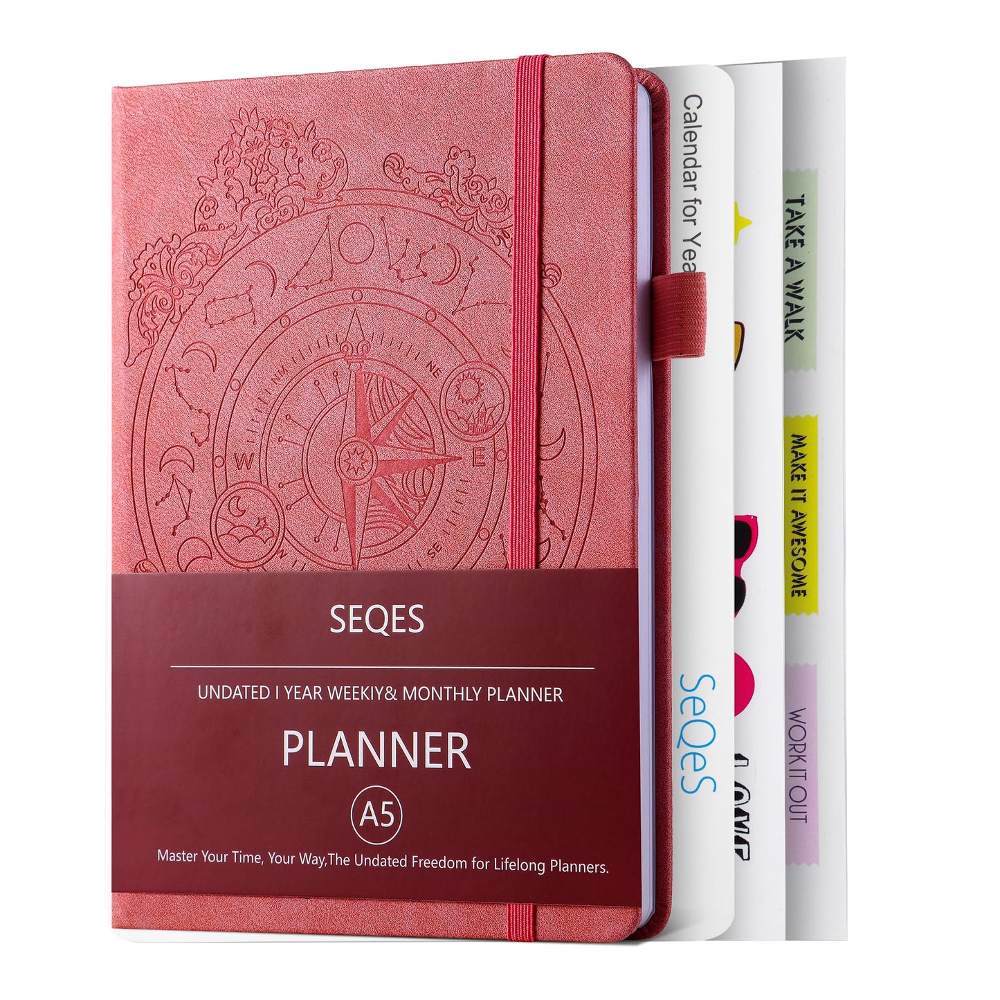 SEQES A5 Undated Planner- Leather Cover with goal tracker,full focus And habit To Increase Productivity organizer And Goal Setting & Reflection Journal | Weekly/Monthly Planner (pink)