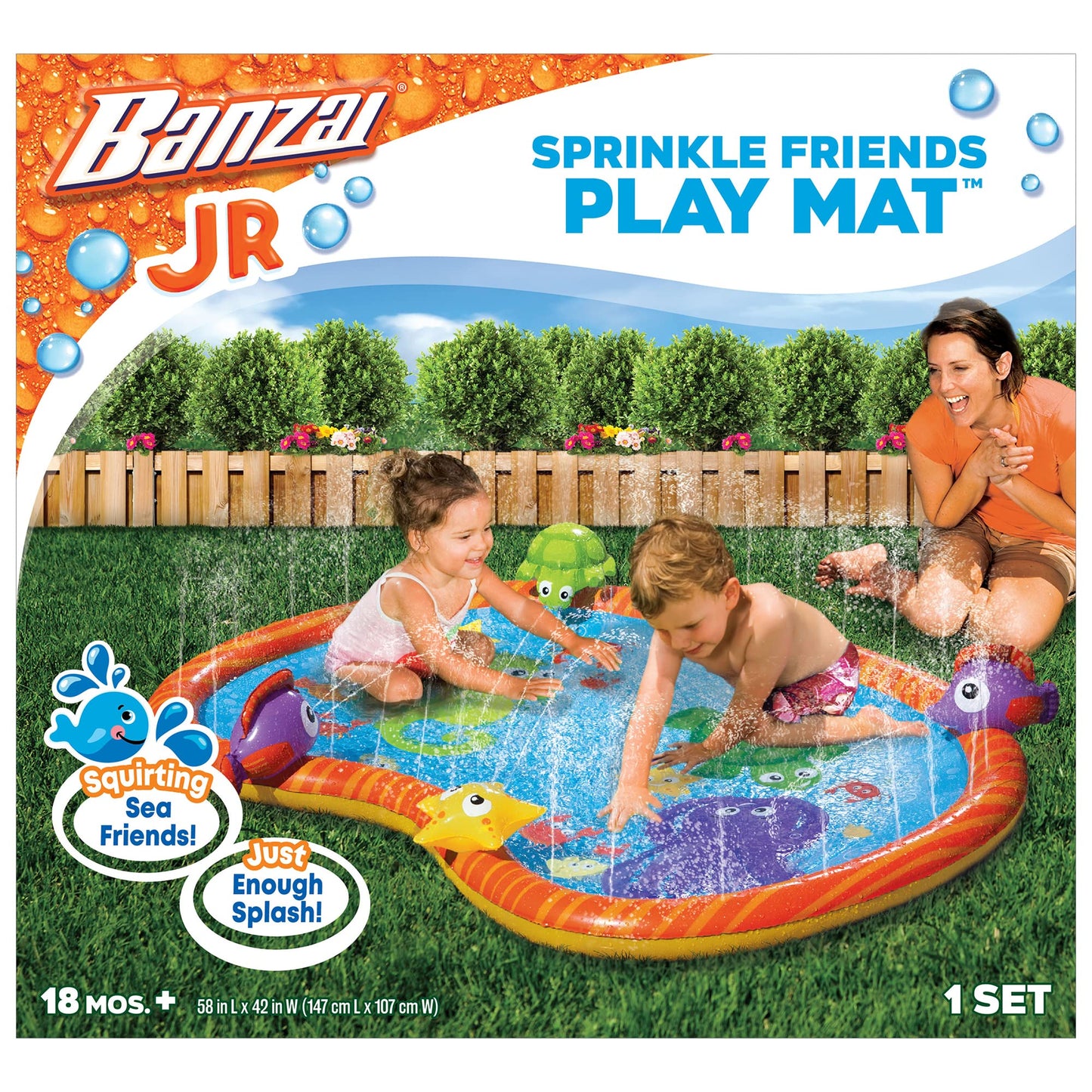 BANZAI Splash Pad Toddler Water Play Mat, 58 in Outdoor Kids Sprinkler Mat with 3D Sea Characters, Baby Splash Pad for Backyard Summer Fun