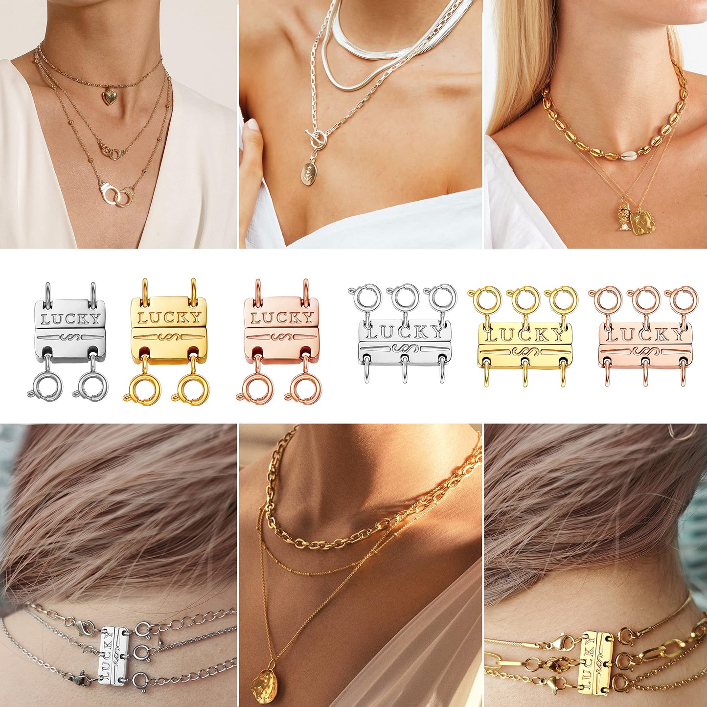 Dailyacc Lucky Necklace Layering Clasp 18K Gold and Silver Strong Multiple Necklace Clasps for Layered Look Separator