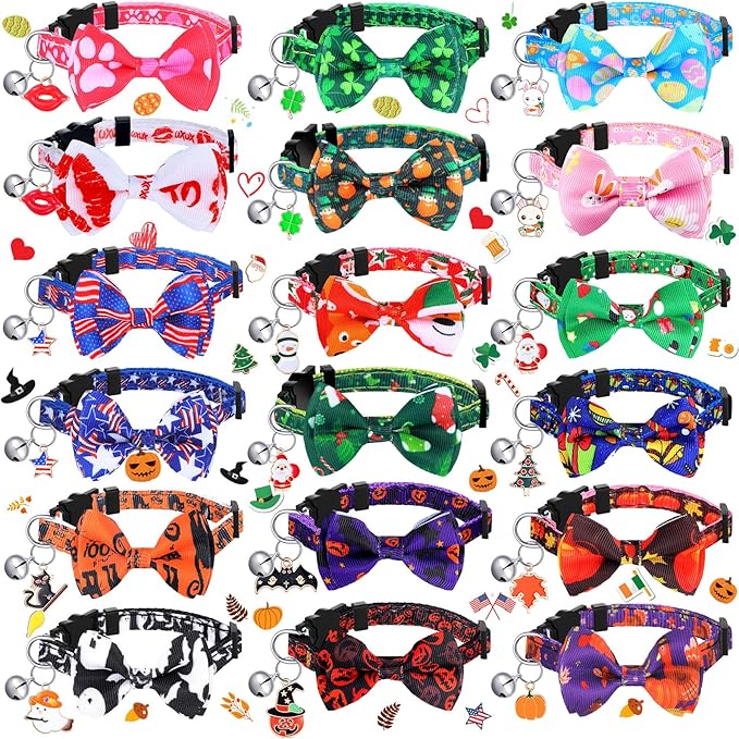 Kacctyen 18 Pcs Holiday Cat Collars Halloween with Bowtie Bell, Medium