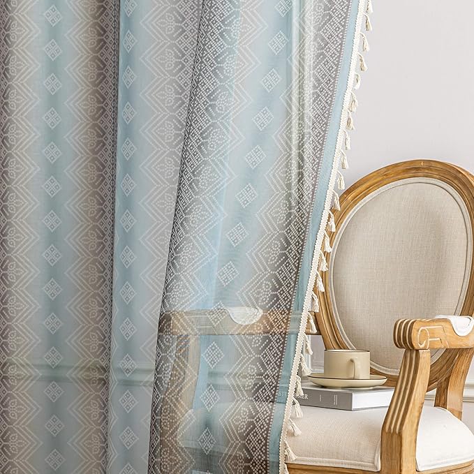 Turquoise Geometric Sheer Curtains 54 inch Long, Fringed Edges and Textured Semi Sheer Curtains Large Window Treatments for Living Room/Bedroom, 2 Panels