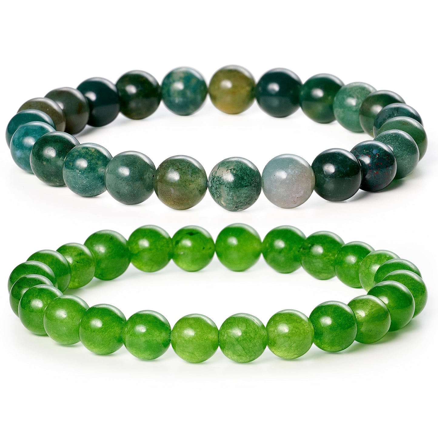 Bivei Natural Gemstone Semi Precious Crystals Handmade Stretchy Round Beads Bracelet, Enhance Positive Energy,Stocking Stuffers for Women(Moss Agate & Green Jade (Wisdom) Medium)