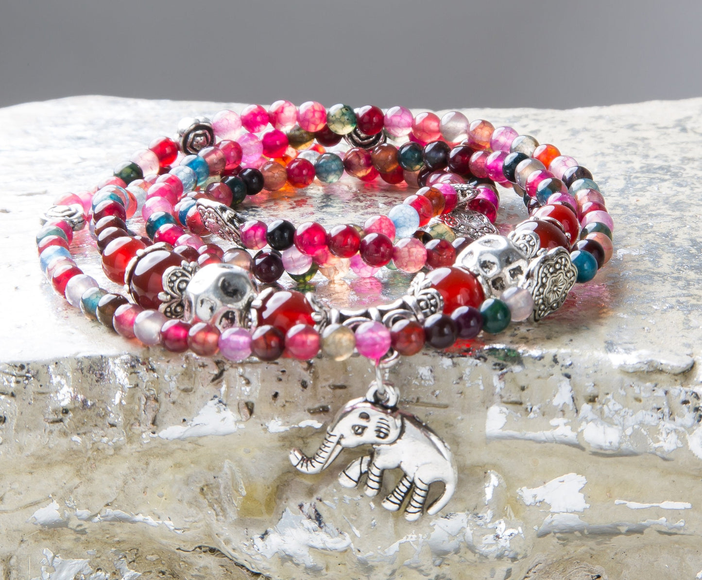 SPUNKYsoul Good Luck Elephant Natural Garnet & Agate Stretch Wrap Bracelet Mala Collection